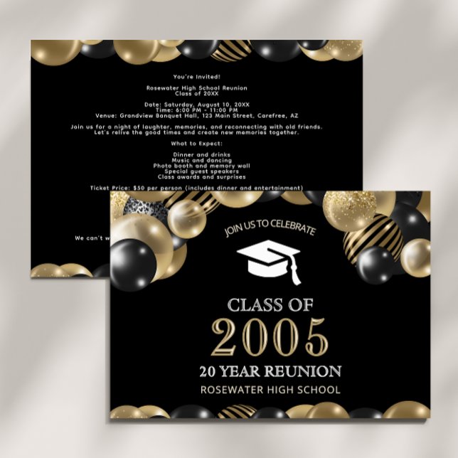 Invitation Réunion de classe moderne de 20 ans noir or (Créateur téléchargé)