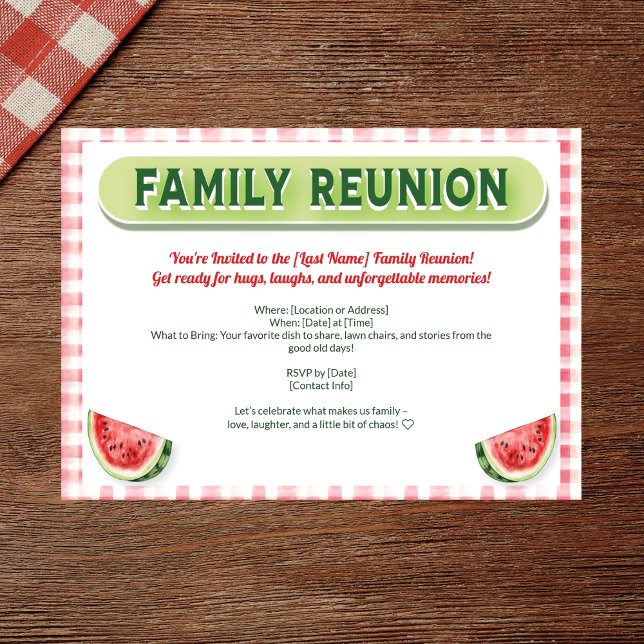 Invitation Réunion de famille de la pastèque d'été (Watercolor family reunion invite with red plaid, watermelon, and modern typography)
