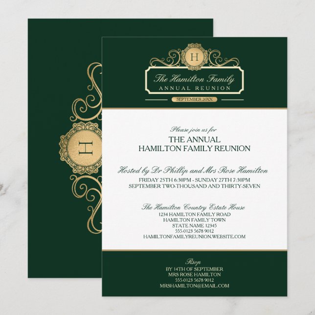 Invitation Réunion de famille élégante Monogramme Vert Or (Devant / Derrière)