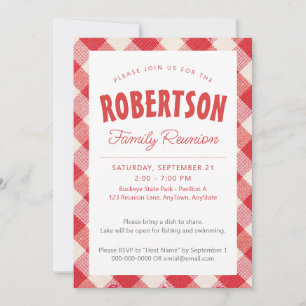 Invitation RÉUNION DE FAMILLE gingham vintage rouge et blanc