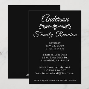 Invitation Réunion de famille noir et blanc, écriture élégant