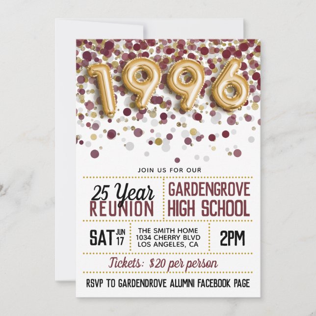 Invitation Réunion de l'école secondaire en 1996 (Devant)