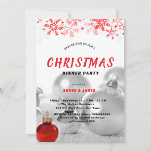 Invitation réunion de Noël argent baubles rouges