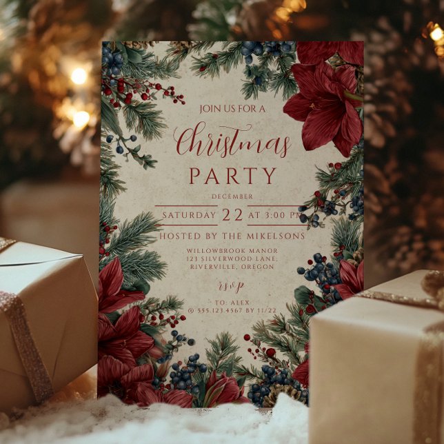 Invitation Réunion de Noël Florale Rustique d'Hiver (Créateur téléchargé)