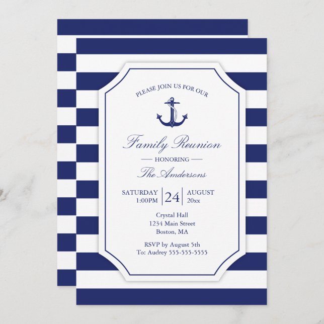 Invitation Réunion familiale Ancre nautique Bleu Grilles (Devant / Derrière)