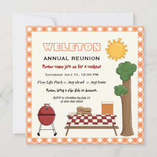 Invitation Réunion familiale barbecue, orange en vichy bordur