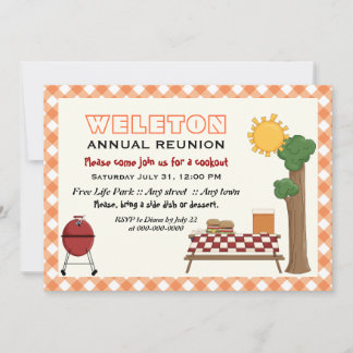 Invitation Réunion familiale barbecue, orange en vichy bordur