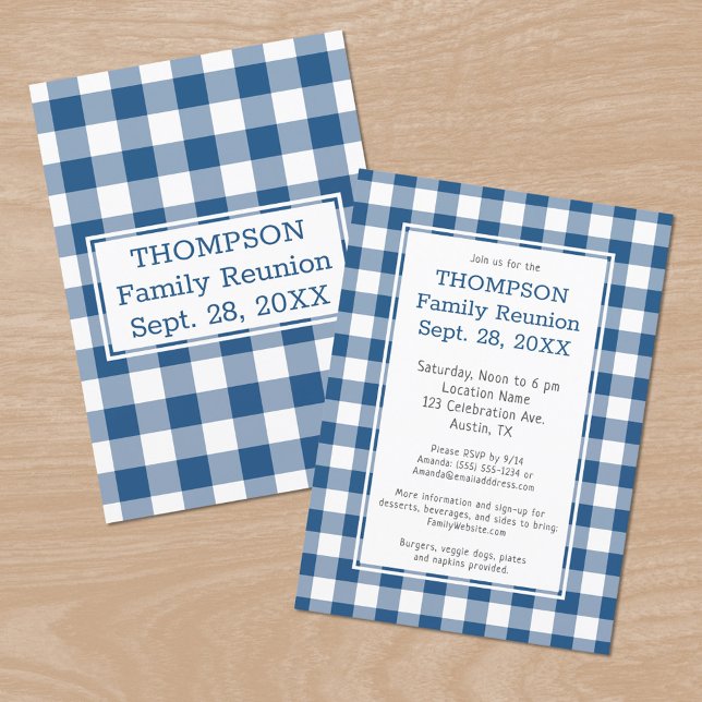 Invitation Reunion familiale Bleu Blanc Buffle Chèque (Family Reunion Blue White Buffalo Check Party Invitation, front/back)