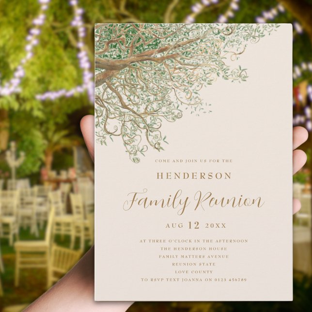 Invitation Réunion famille Arborescence aquarelle (Watercolor tree branches family reunion invitation Brown beige green modern script summer party)