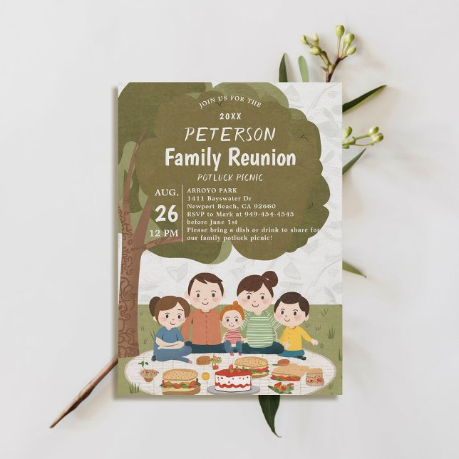 Invitation Reunion Famille Printemps Été Automne Potluck Piqu (family reunion invitation potluck picnic cute illustration watercolor modern simple fun)