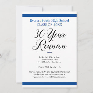 Invitation Réunion minimaliste de 30 ans en bleu et blanc