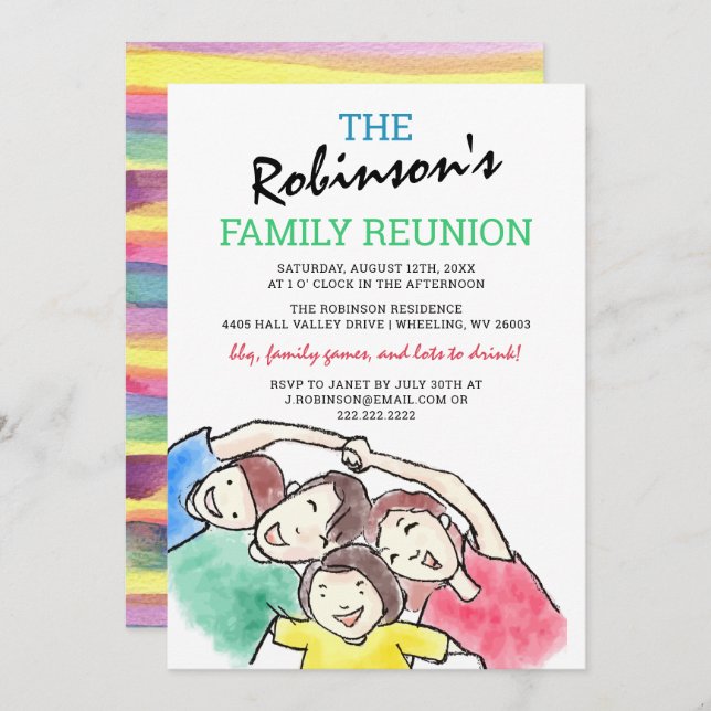 Invitation Reunion simple famille aquarelle (Devant / Derrière)