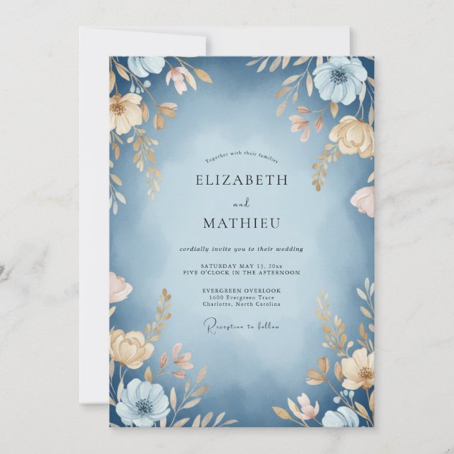 Invitation Rêve Botanique Bleu Ardoise pour Mariage (Devant)