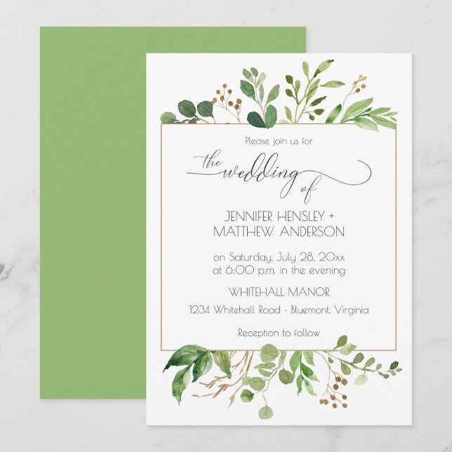 Invitation Rêve Botanique Feuilles Vertes et Brun Doré | (Devant / Derrière)