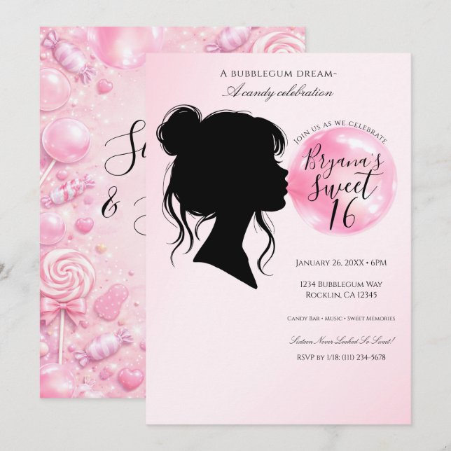 Invitation Rêve de Bubble Gum Rose Célébration Douce 16  (Devant / Derrière)
