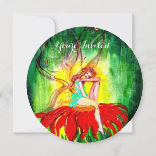 Invitation RÊVE DE FÉE SUR UNE FLEUR ROUGE Vert Jaune