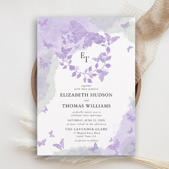 Invitation Rêve de lavande vert papillon eucalyptus mariage (butterfly wedding invitation lavender purple green eucalyptus crest elegant modern romantic)