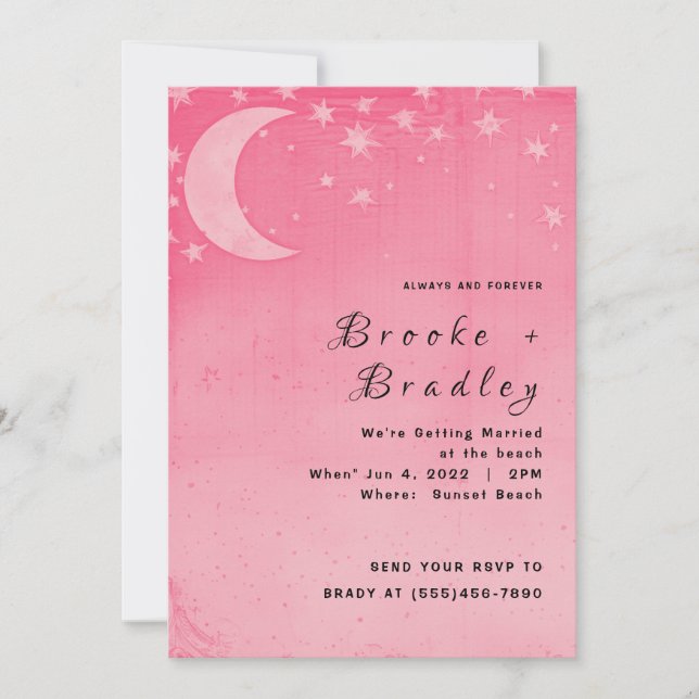 Invitation Rêve de mariage céleste au croissant de lune rose (Devant)