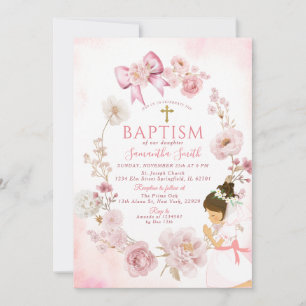 Invitation Rêve Rose Poussiéreux Cadre Floral Croix Baptême