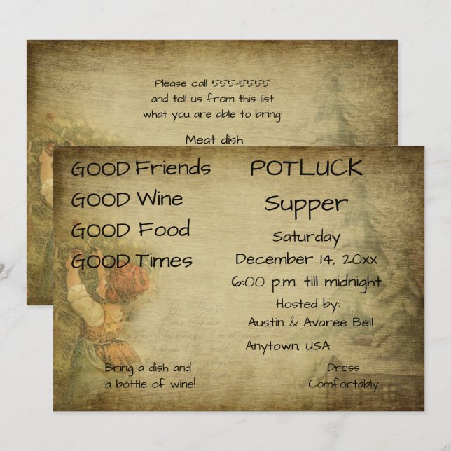 Invitation Réveillon de Noël Pot Luck (Devant / Derrière)