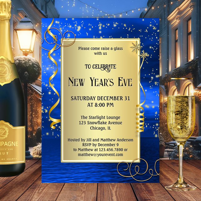 Invitation Réveillon du Nouvel An Blue Gold (Festive gold on indigo blue sparkling modern New Year's Eve party invitation)