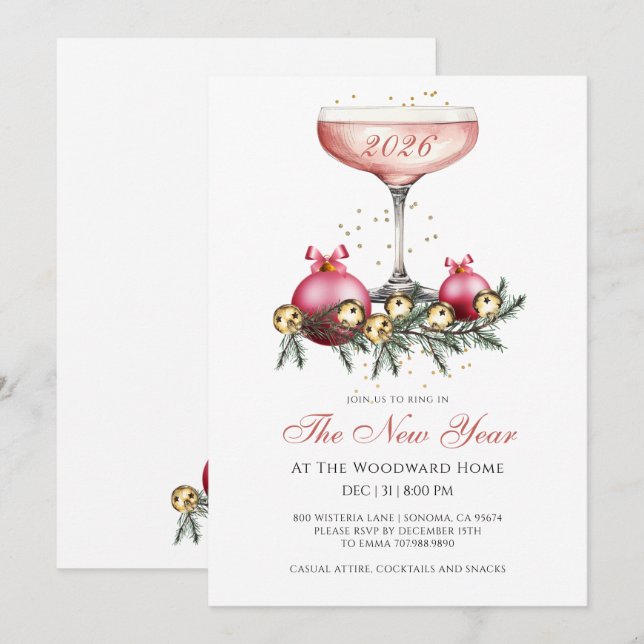Invitation Réveillon du Nouvel An Champagne  (Devant / Derrière)