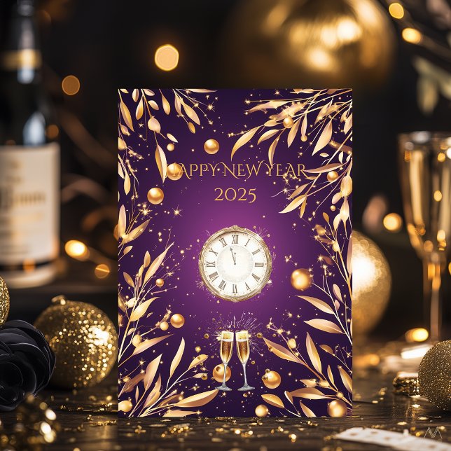 Invitation Réveillon du Nouvel An élégant violet avec feuilla (Créateur téléchargé)