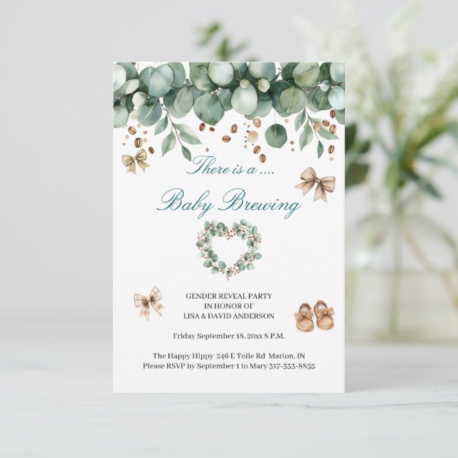 Invitation Révélation de bébé boho douce – Vert sauge et marr (Debout devant)
