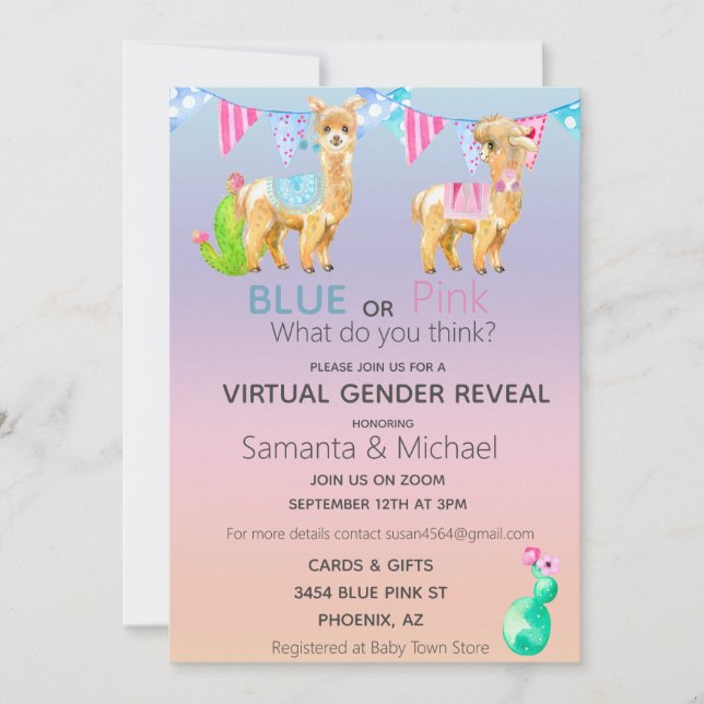 Invitation Révélation de genre de Llama bleu rose virtuel (Devant)