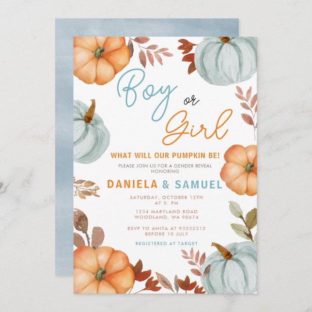 Invitation Révélation de genre des Citrouilles orange bleu (Devant / Derrière)