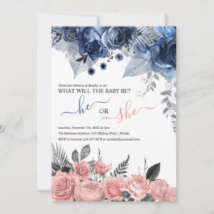 Invitation Révélation de genre élégante   Fleurs bleues et ro
