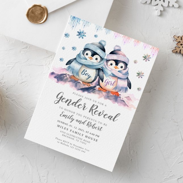 Invitation Révélation de genre hivernal, Baby shower Penguin (Créateur téléchargé)