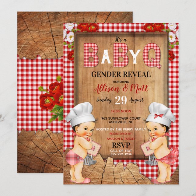 Invitation Révélation de genre Rouge Gingham Bois Bébé Q Barb (Devant / Derrière)