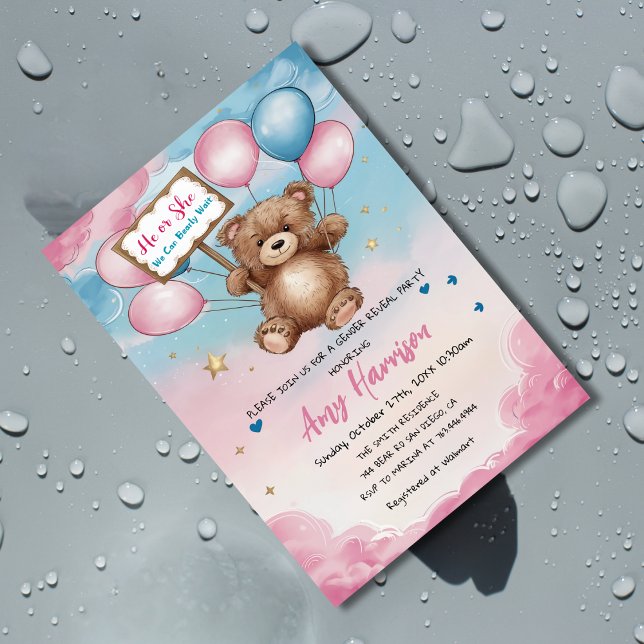 Invitation Révélation du genre de l'ours Baby shower rose et  (Créateur téléchargé)