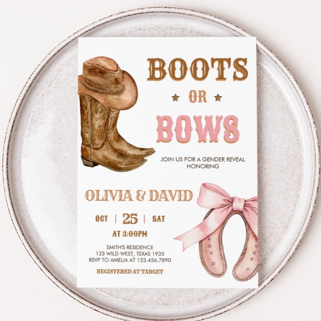 Invitation Révélation du sexe Boots and Bows (Western Boots and Bows Gender Reveal Invitation
)
