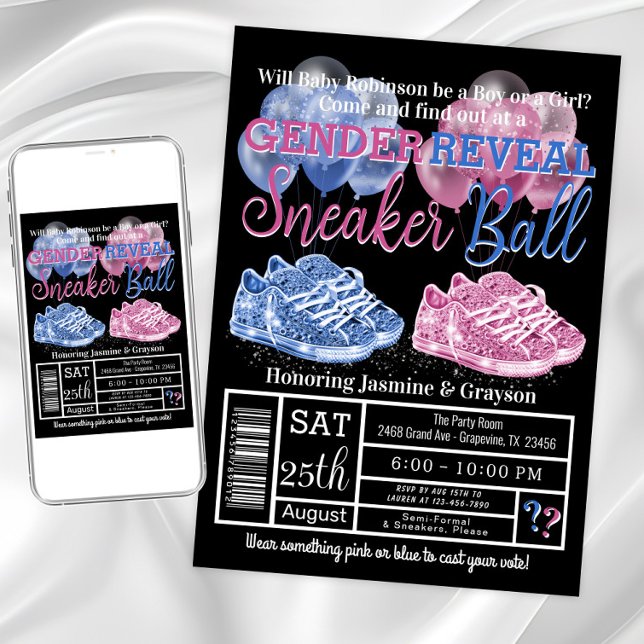Invitation Révélation du sexe de bébé avec baskets (Cute sneaker gender reveal invitation. Instant download and printed invitations available.)