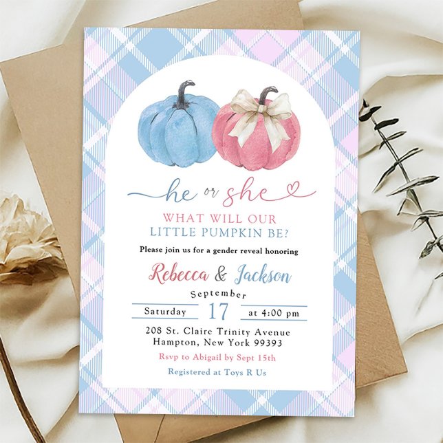 Invitation Révélation du sexe de bébé Citrouille Gingham Prép (Créateur téléchargé)