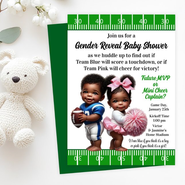 Invitation Révélation du sexe de bébé sur le thème du footbal (Football player and cheerleader gender reveal baby shower invitation. Simply add your details!)
