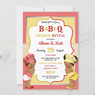 Invitation Révélation du sexe du bébé Q BBQ Rouge Jaune Gingh