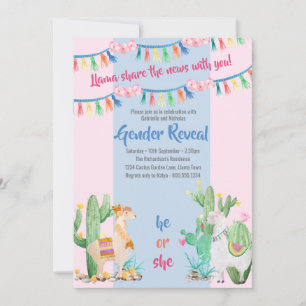 Invitation Révélation du sexe Rose et Bleu Llama et Cactus