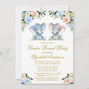 Invitation Révéler le genre bleu rose Floral Baby Elephants B