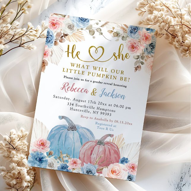 Invitation Révéler le genre Boho rose bleu Citrouille Floral (Créateur téléchargé)