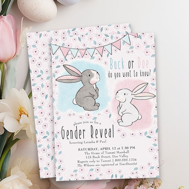 Invitation Révéler le sexe du lapin de Buck ou Doe mignonne (Buck or Dow Gender Reveal Invitation with little bunnies - pink or blue and perfect for easter)
