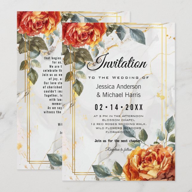 Invitation Rêves de marbre : Orange Rose Elegance Collection (Devant / Derrière)