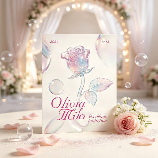 Invitation rêveur, aérien, avec rose en verre iridescent et b