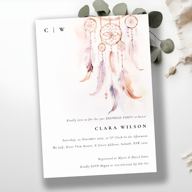 Invitation Rêveur de plume de saumons boho minimal Anniversai (Créateur téléchargé)