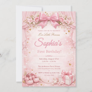 Invitation Rêveur et paillettes floral rose ruban 1er anniver
