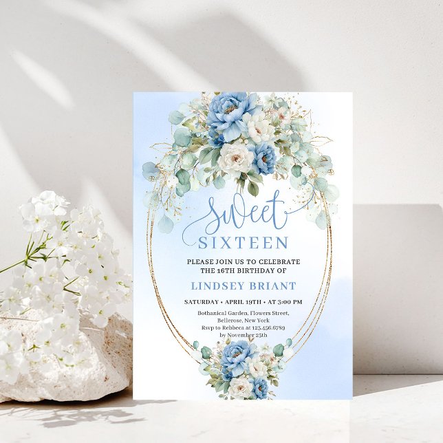 Invitation rêveuse bohème poussiéreuse bleue flora (Dreamy Bohemian Dusty Blue Floral Sweet 16 Invite)