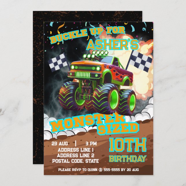 Invitation Revved Up & Ready Roll Monster Truck Anniversaire (Devant / Derrière)