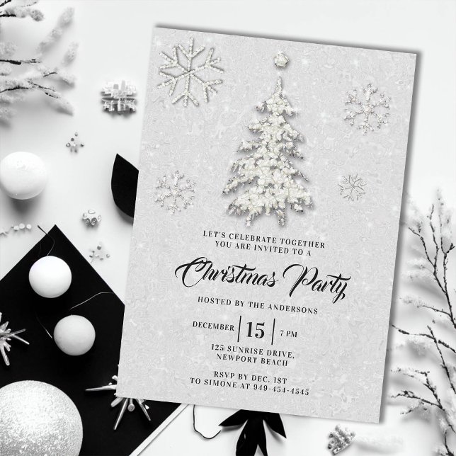 Invitation Rhinestone noir blanc hiver Merveilles Noël (elegant christmas party invite glitter rhinestones tree snowflakes winter wonderland black white)
